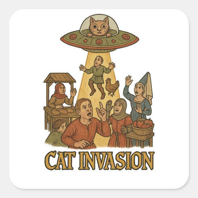 Cat Invasion UFO Quadratischer Aufkleber (Vorderseite)
