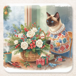 Cat is arranging Christmas Flowers Rechteckiger Pappuntersetzer