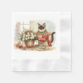 Cat is arranging Christmas Flowers Serviette