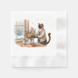 Cat is arranging Christmas Flowers Serviette