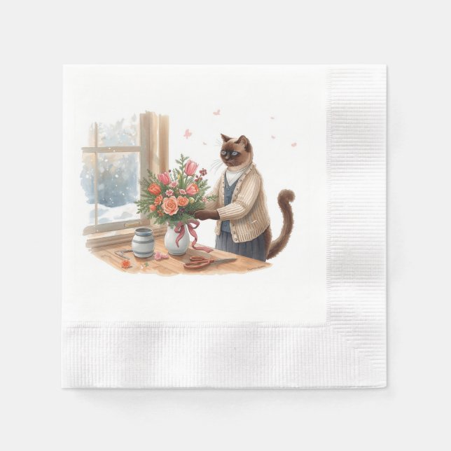 Cat is arranging Christmas Flowers Serviette (Vorderseite)