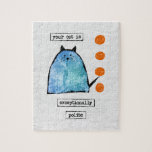 Cat Jigsaw Puzzle - Funny Cat Außergewöhnlich höfl<br><div class="desc">Ein lustiges Katzendesign mit einer niedlichen blauen Katze,  zeichnend mit orangefarbenen Kreise auf einem texturierten,  weißen Hintergrund,  der sagt: "Ihre Katze ist außergewöhnlich höflich".</div>