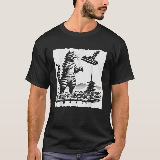 Cat Kaiju Catzilla vs Vacuum Cleaner Japanese Funn T-Shirt (Vorderseite)