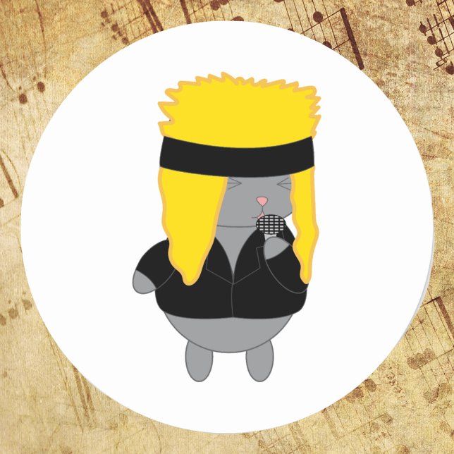 Cat Kawaii Hair Metal Band Singer Runder Aufkleber (A cute sticker with a kawaii style cat dressed up as a member of a 1980s hair band)