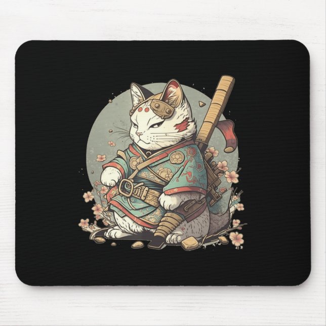 Cat Kawaii Style Samurai Anime Kitten Japanisch Mousepad (Vorne)