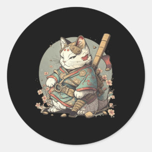 Cat Kawaii Style Samurai Anime Kitten Japanisch Runder Aufkleber