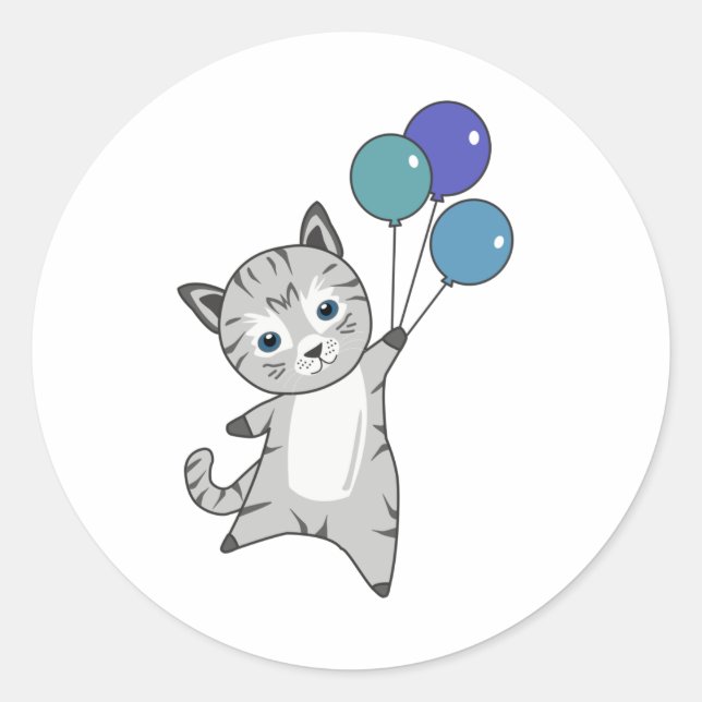 Cat Kitten Balloons Niedlicher Tiere Grau Katzen Runder Aufkleber (Vorderseite)