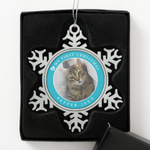 Cat Kitten First Christmas Foto Schneeflocken Zinn-Ornament