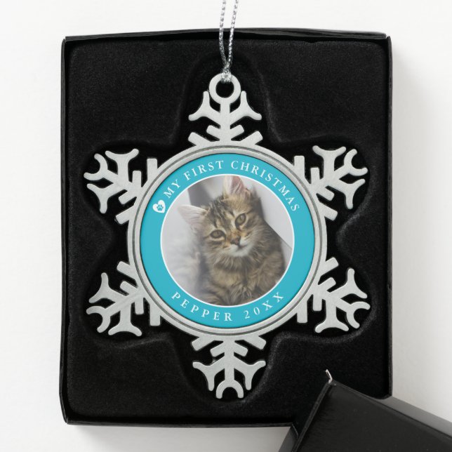 Cat Kitten First Christmas Foto Schneeflocken Zinn-Ornament (Box)