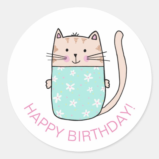 Cat Kitten Happy Birthday Runder Aufkleber (Vorderseite)