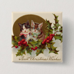 Cat Kitten Holly Winterberry Button