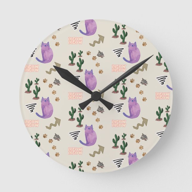 Cat Kitten Meow Time Clock Runde Wanduhr (Vorderseite)