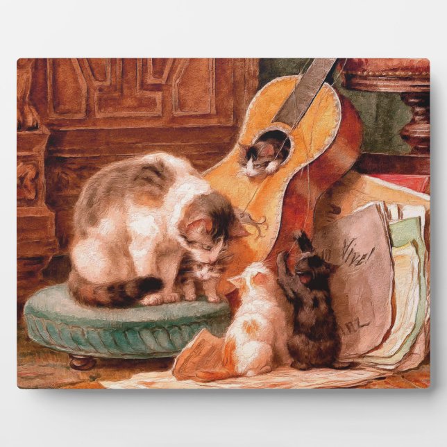 Cat Kittens and Guitar - Malerisch Vintage Kunst Fotoplatte (Vorderseite)