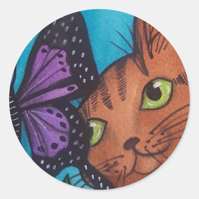 Cat Kitty and Butterfly Runder Aufkleber (Vorderseite)