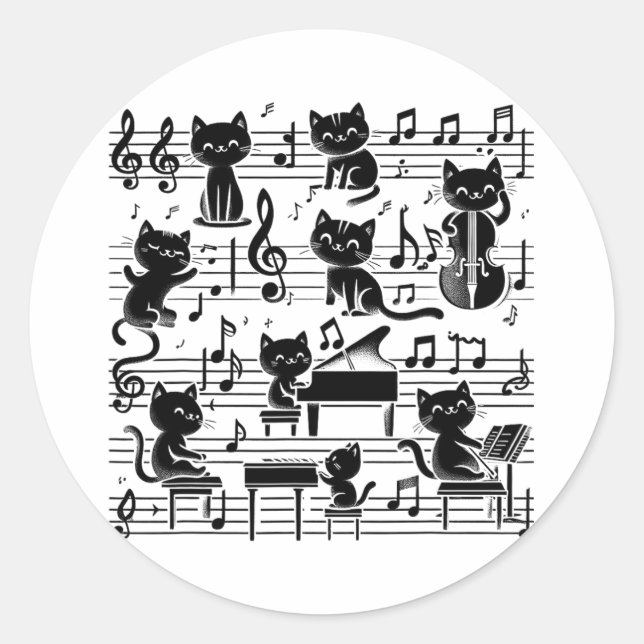 Cat Kitty Playing Musiknote Clef Musician Art Chat Runder Aufkleber (Vorderseite)