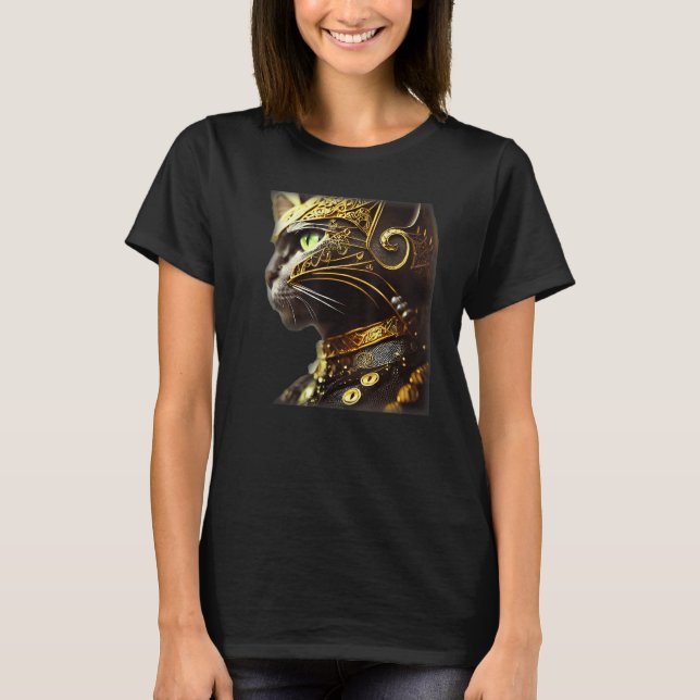 Cat Knight Wearing Gold Filigree Armor Black T-Shirt (Vorderseite)