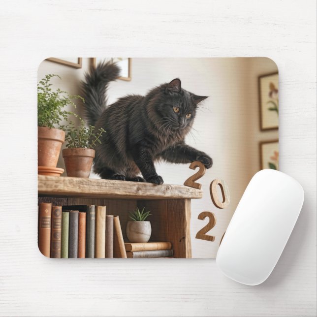 Cat Knocking Off 2026 Year from Bookcase Mousepad (Mit Mouse)