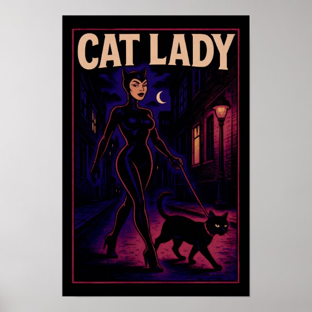 Cat Lady -Cats Art Lover- City Night Comic Graphic Poster (Vorne)