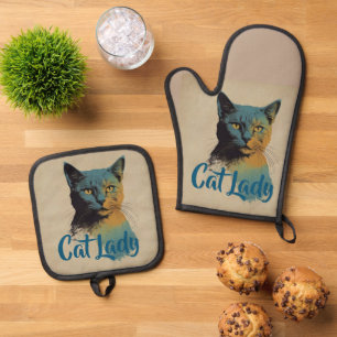Cat Lady Oven Mitt & Pot Holder Ofenhandschuh & Topflappen-Set