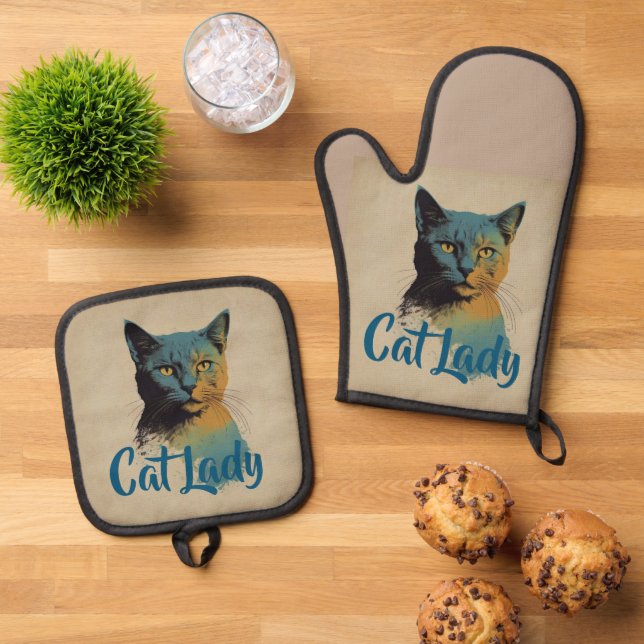 Cat Lady Oven Mitt & Pot Holder Ofenhandschuh & Topflappen-Set (Oben Unten)