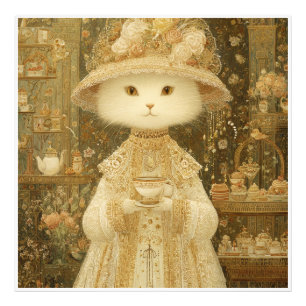 Cat Lady Snow – viktorianische Katze mit Teetasse Fotodruck
