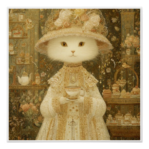 Cat Lady Snow – viktorianische Katze mit Teetasse Poster