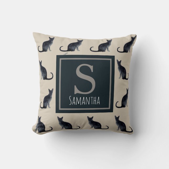 Cat Lady Taupe Wasserfarbe Schwarzes Kittmuster Kissen (Vorderseite)