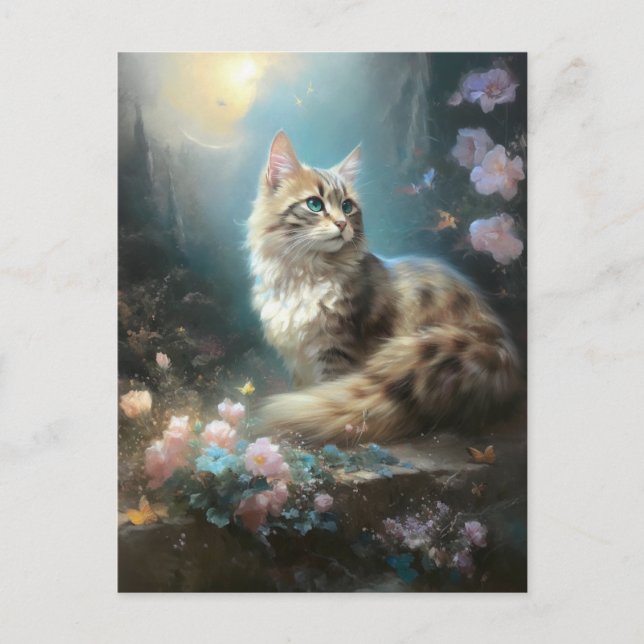 Cat Landscape Blume Fantasy Art Postkarte (Vorderseite)