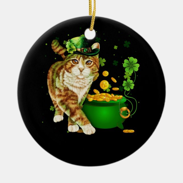 Cat Leprechaun Hat Kleeblatt St Patrick's Day Gold Keramik Ornament (Vorne)