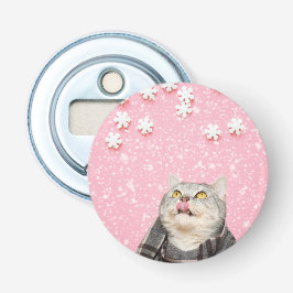 Cat Licking Snowflakes Button Flaschenöffner