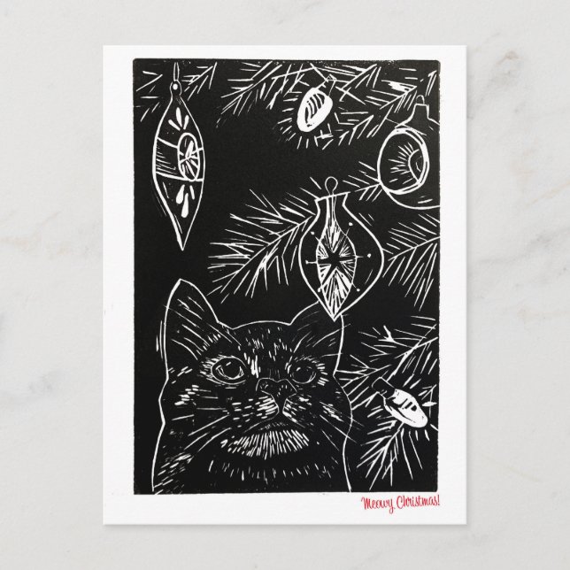 Cat Linocut Christmas Postcard Feiertagspostkarte (Vorderseite)