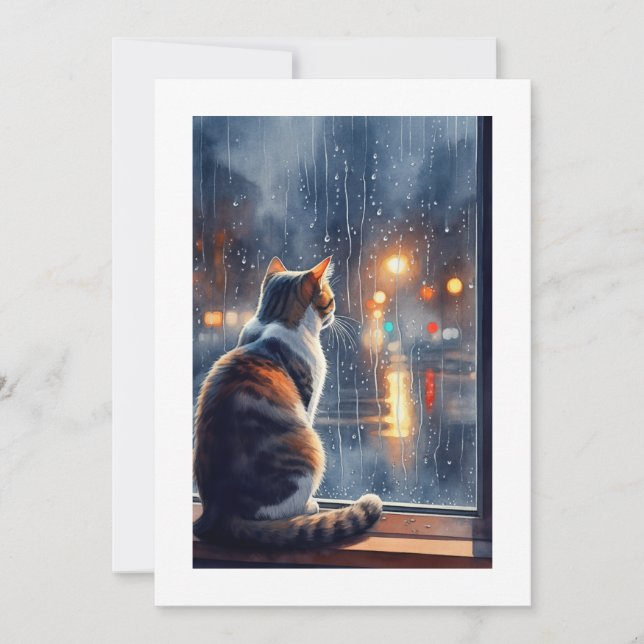 Cat Looks the Rain Einladung (Vorderseite)