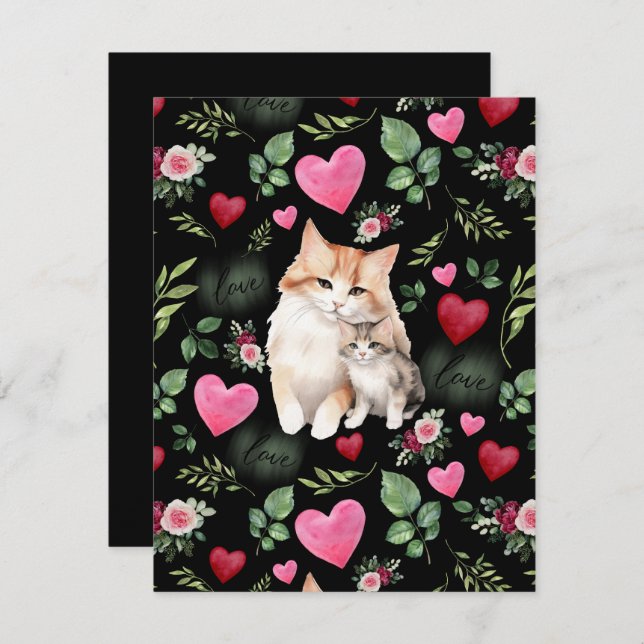 Cat Love Valentine’s Day Card in Black Mitteilungskarte (Vorne/Hinten)
