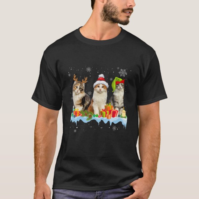 Cat Lover Funny American Curl Tree Weihnachtslicht T-Shirt (Vorderseite)