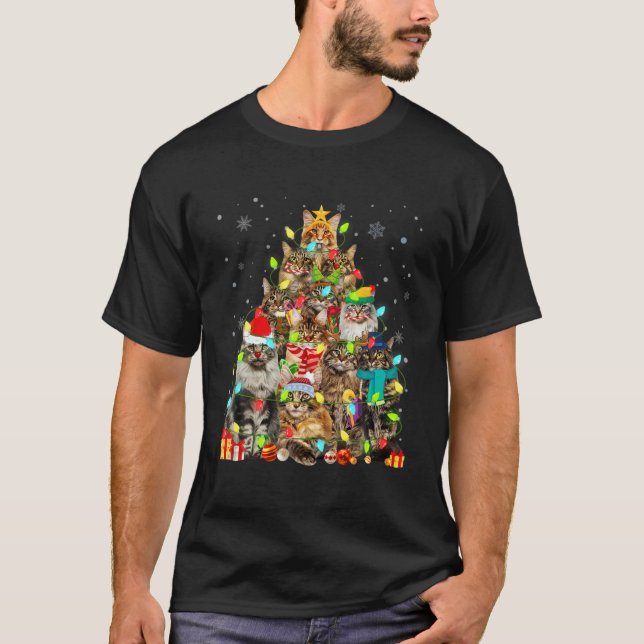 Cat Lover Funny Maine Coon Tree Weihnachtslicht T-Shirt (Vorderseite)