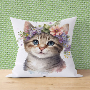 Cat Lover Gift - Wasserfarbkatze mit Blume Kissen
