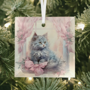 Cat Lover Gray Kitten Pink Bow Ornament Aus Glas