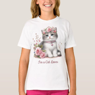 Cat Lover Gray Kitten Pink Roses T-Shirt
