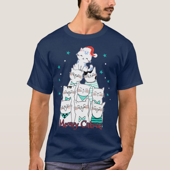 Cat Lover Meowy Catmas Cat Tree Funny Merry T-Shirt (Vorderseite)