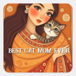 Cat lover Mom Photo orange Quadratischer Aufkleber