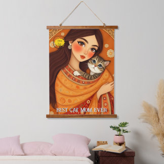 Cat lover Mom Photo orange Wandteppich Mit Holzrahmen