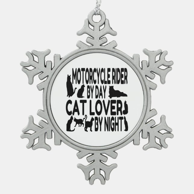 Cat Lover Motorradfahrer Schneeflocken Zinn-Ornament (Vorderseite)