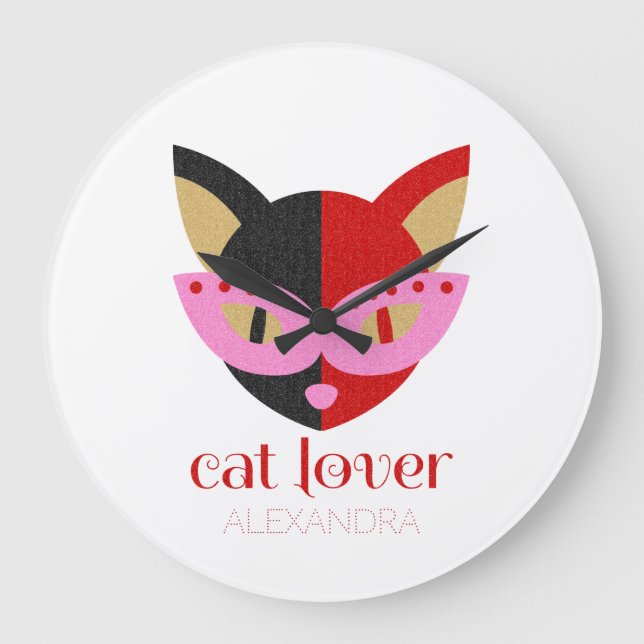 Cat Lover Niedlich Black Red Pink Name Personalisi Große Wanduhr (Vorderseite)