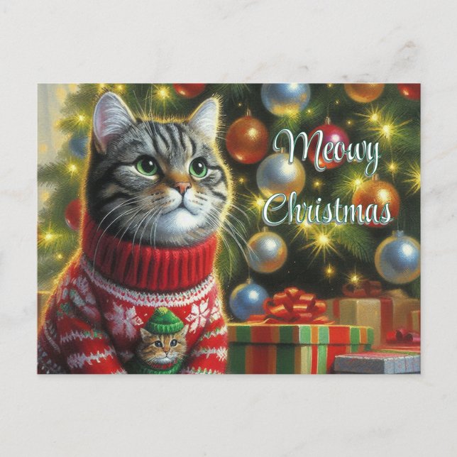 Cat Lover Niedlich Cat by Christmas Tree Postkarte (Vorderseite)