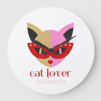Cat Lover Niedlich Red Pink Gold Name Personalisie Große Wanduhr