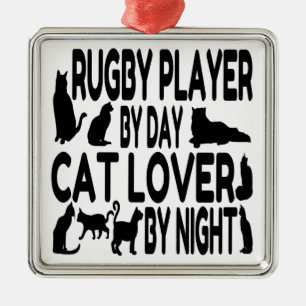 Cat Lover Rugby Player Silbernes Ornament