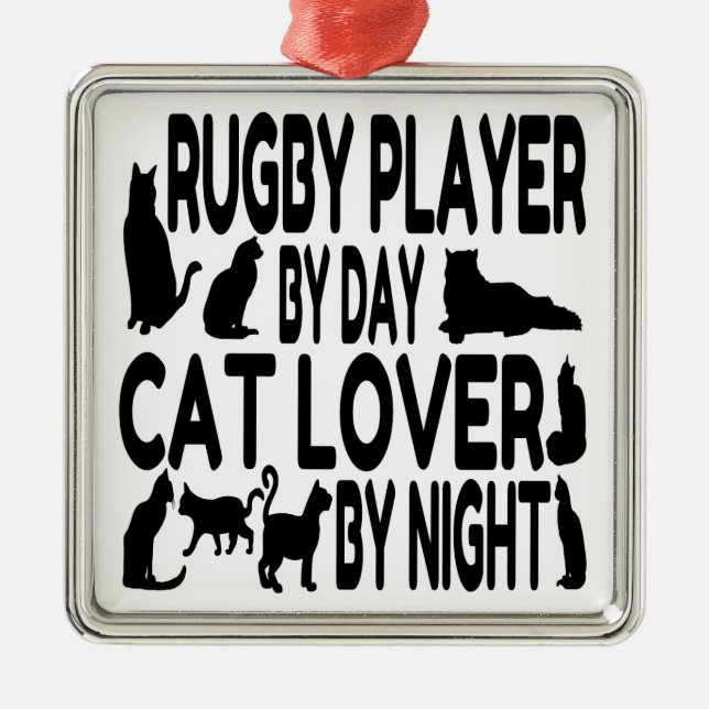 Cat Lover Rugby Player Silbernes Ornament (Vorne)
