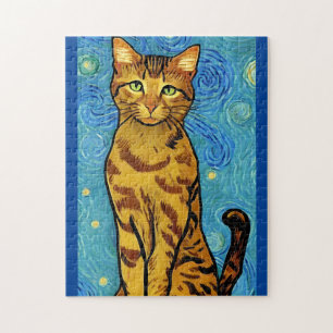 Cat Lover Van Gogh Style Starry Night Puzzle