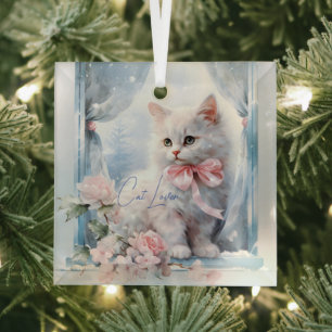 Cat Lover White Kitten Pink Bow Ornament Aus Glas