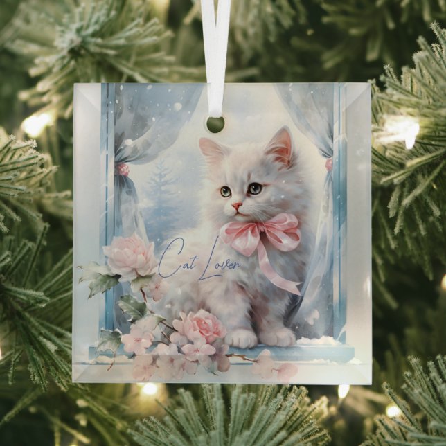 Cat Lover White Kitten Pink Bow Ornament Aus Glas (Insitu)